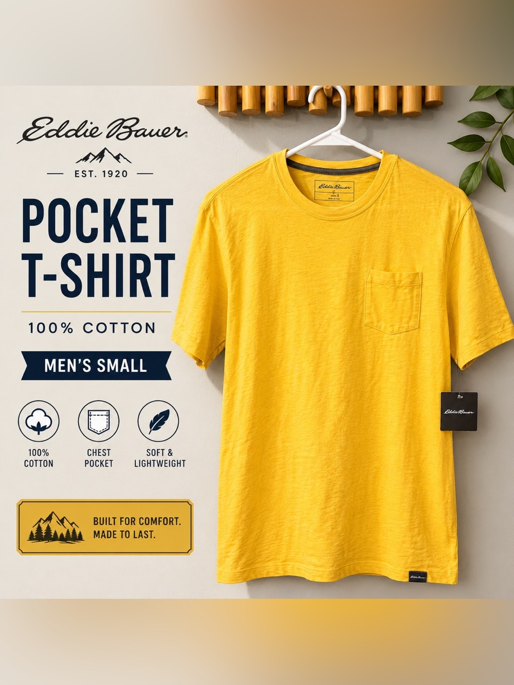 Eddie Bauer Yellow Pocket Tee Mens Small 100% Cotton Casual T Shirt NWT